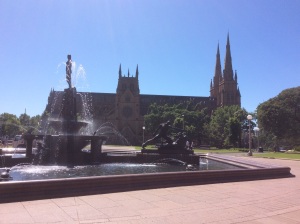 Archibald Fountain and St. Mary's Cathedral in Hyde Park